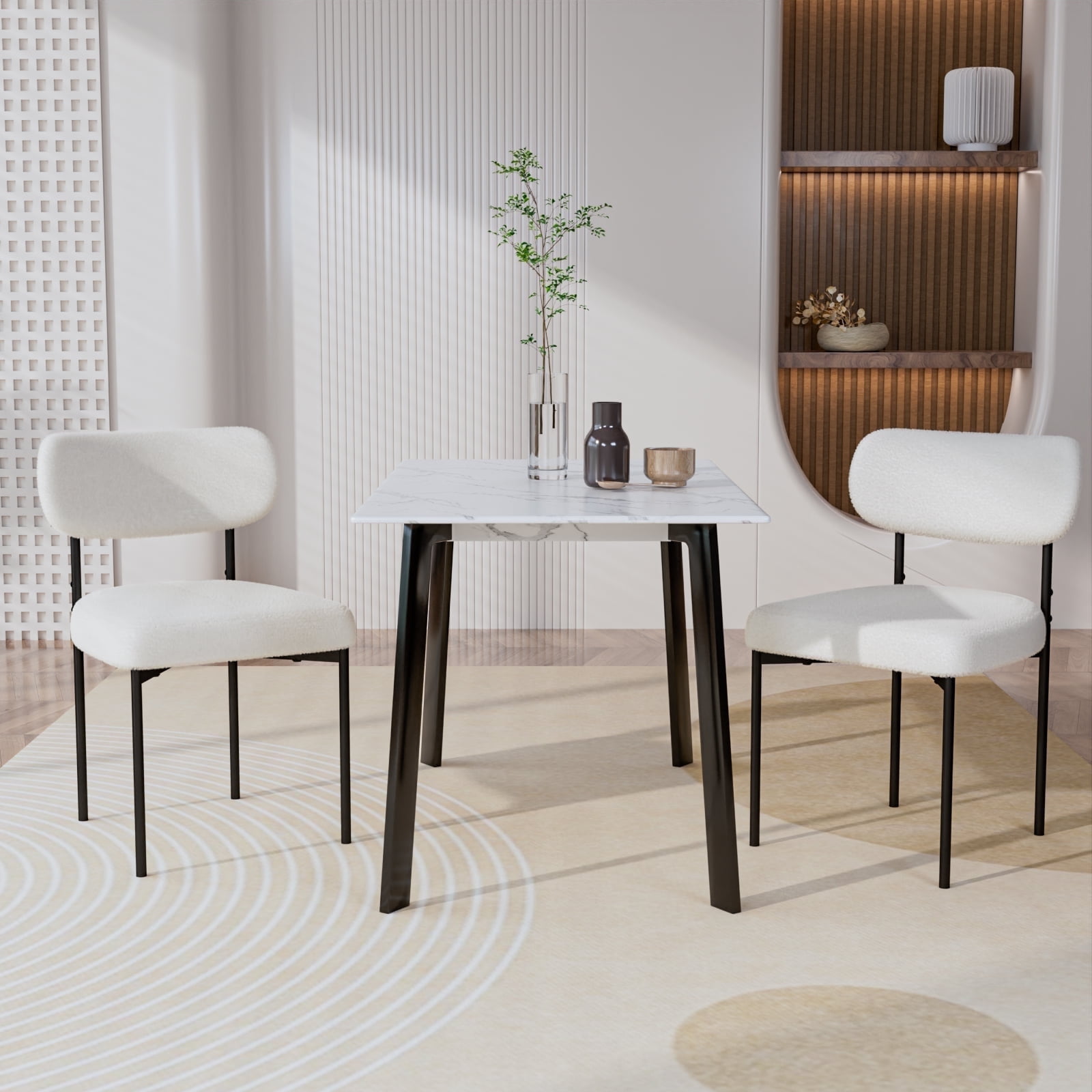 Hommpa Boucle Dining Chairs Set of 2 Modern Upholstered Kitchen Dining Room Chairs with Backrest & Metal Legs Accent Side Chairs White for Dining Kitchen Living Room Bedroom