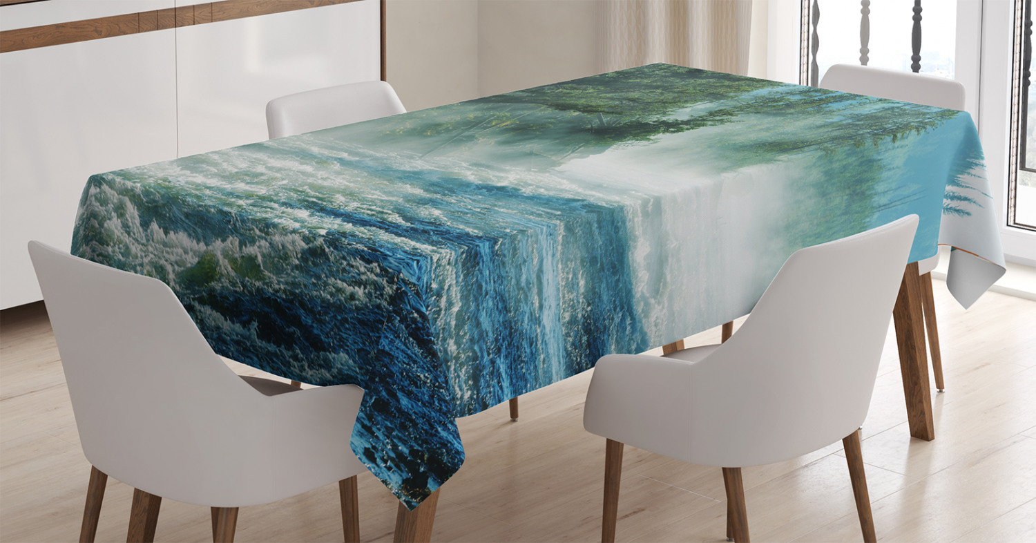 Yellowstone Decor Tablecloth, Fog on River Alpine Trees by the Bank  Wilderness Waterscape Picture Art, Rectangular Table Cover for Dining Room  Kitchen, 52 X 70 Inches, Green Blue, by Ambesonne 
