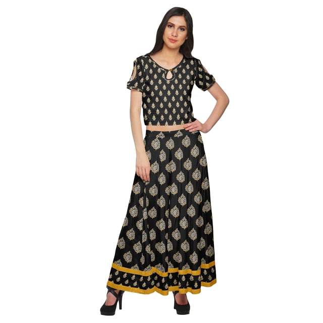 Moomaya Ensemble Palazzo Ample et Crop Top Robe Ethnique Imprimée Santon pour Femmes