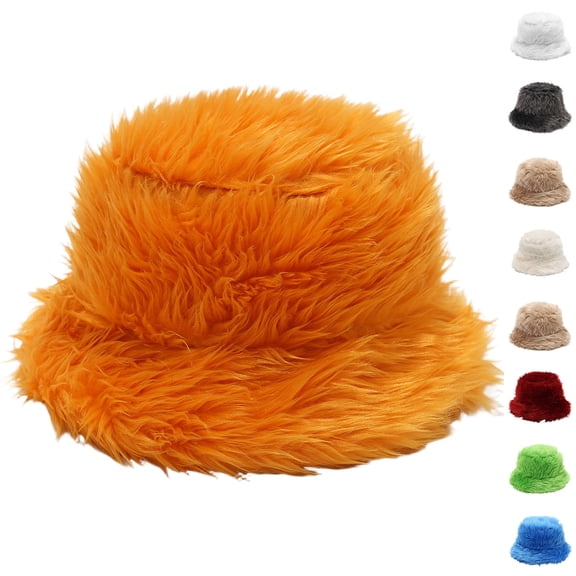 Lumtrix Fuzzy Winter Bucket Hats for Women, Men Warm Faux Fur Cap Plush Cute Trendy Y2K Solid Color Hat Orange One Size
