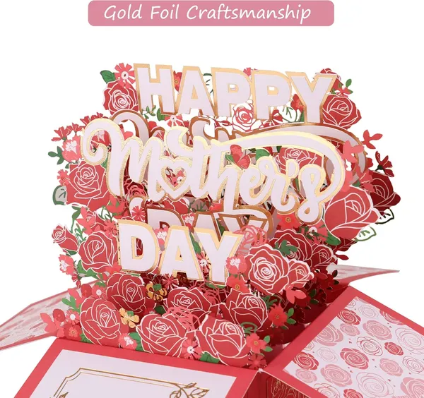 Red 3D Pop-Up Mother’s Day Card, Best Mom Ever Handmade Flower Greeting Card with Envelope & Notecard for Mom