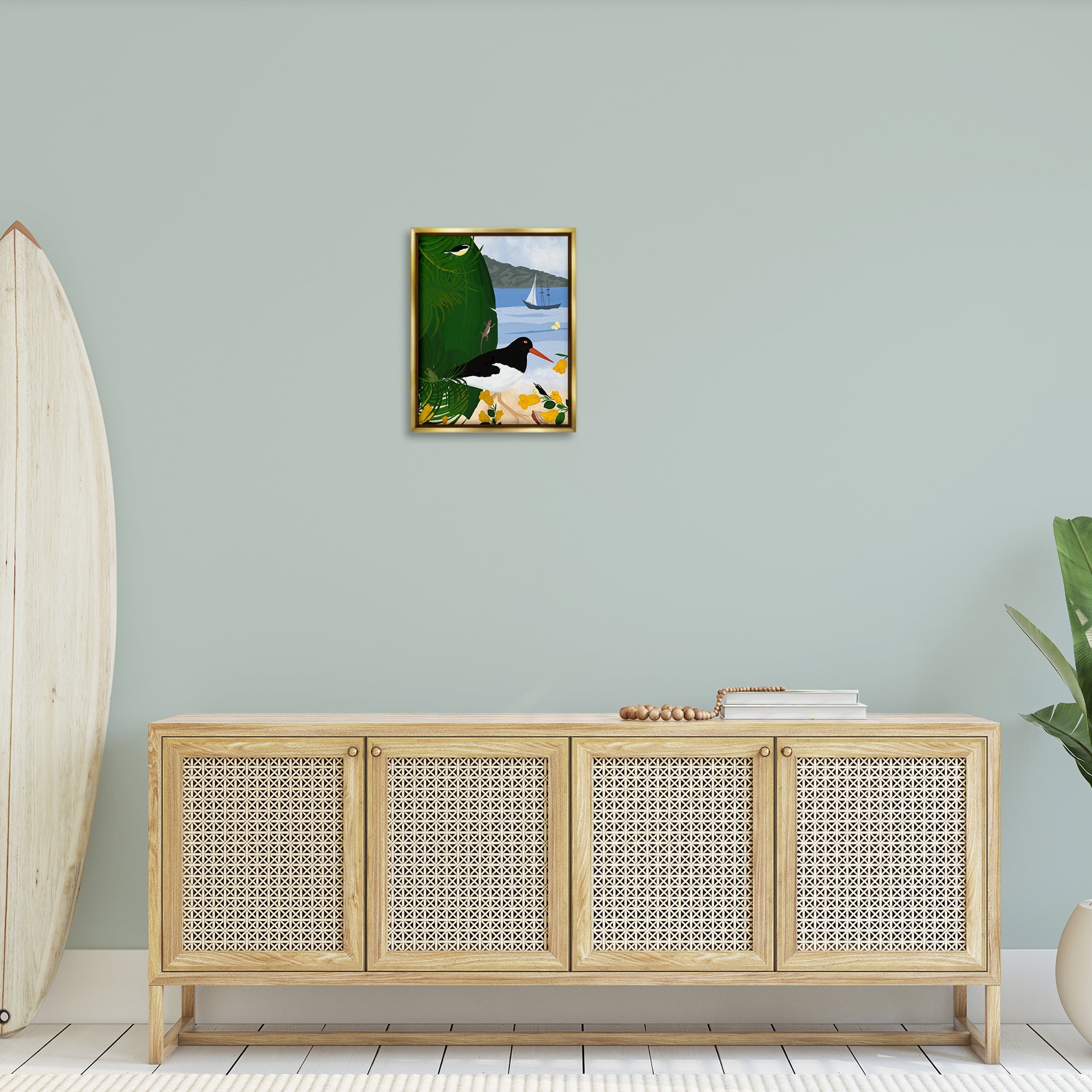 Stupell Industries Island Life by Beach Landscape & Nature Painting Gold Floater Framed Canvas Art Print Wall Art, 17 x 21