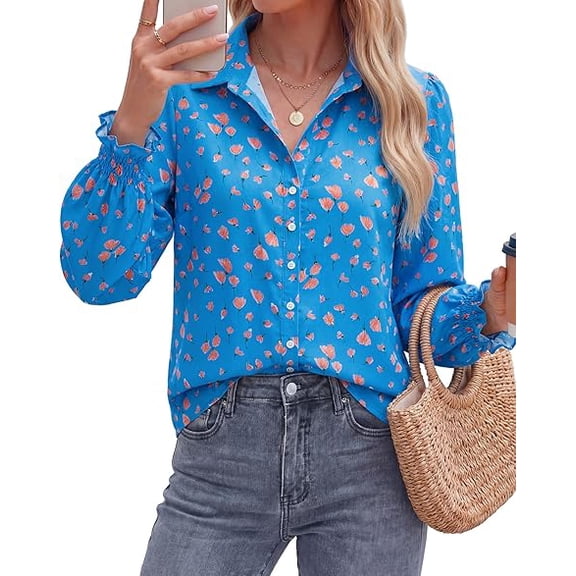 BTFBM Long Sleeve Blouses for Women, Floral V Neck Button Down Shirts, Smocked Cuffs, Business Casual Summer Outfits