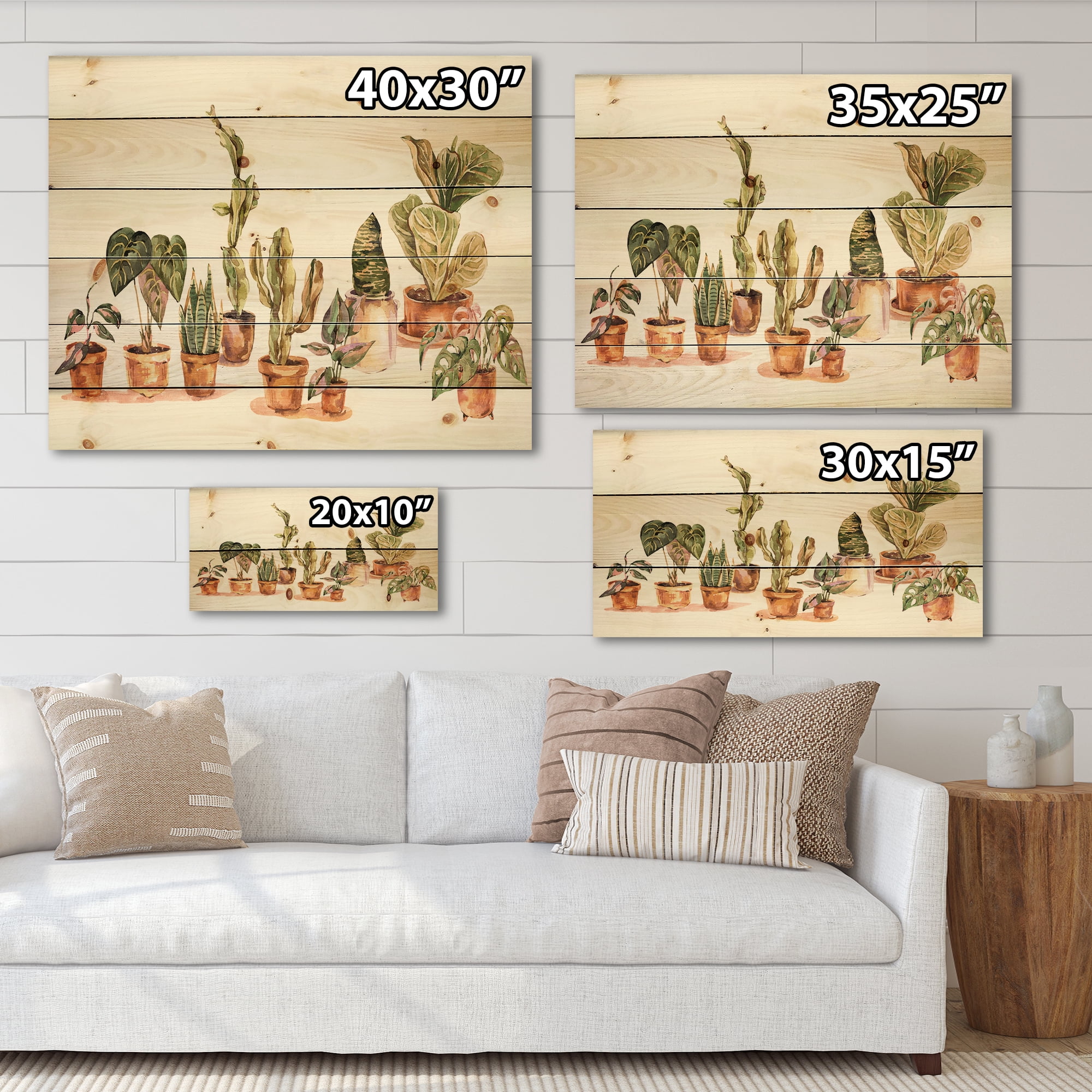 Designart 'Indoor House Plants Urban Jungle in Flowerpots I' Traditional Print on Natural Pine Wood