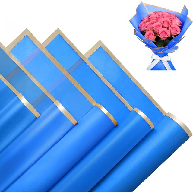 DMIMIA 20 Sheets Flower Wrapping Paper, Waterproof Floral Bouquet Wrapping Paper for DIY Crafts, Gift Packaging, Flower Shop Bouquet Packaging(Blue,Gold Edge)