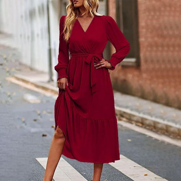 Blmnix Tea Party Dresses for Women Long Modest Red Plus Size Tiered Long Sleeve Wrap Womans Dresses Going Out, Women's, Size: 4,6,8,10,12,14,16,18,20