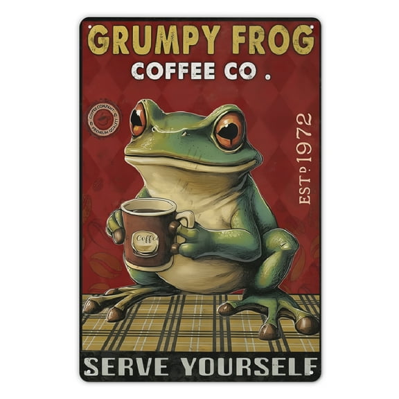 Frog Metal Wall Decor Tin Sign and Coffee Wall Decor Vintage Tin Sign Grumpy Frog Coffee co. Serve Yourse Kitchen Metal Sign Vintage Bar Home Wall Decoration Sign Art 8x12inch Wall Decor