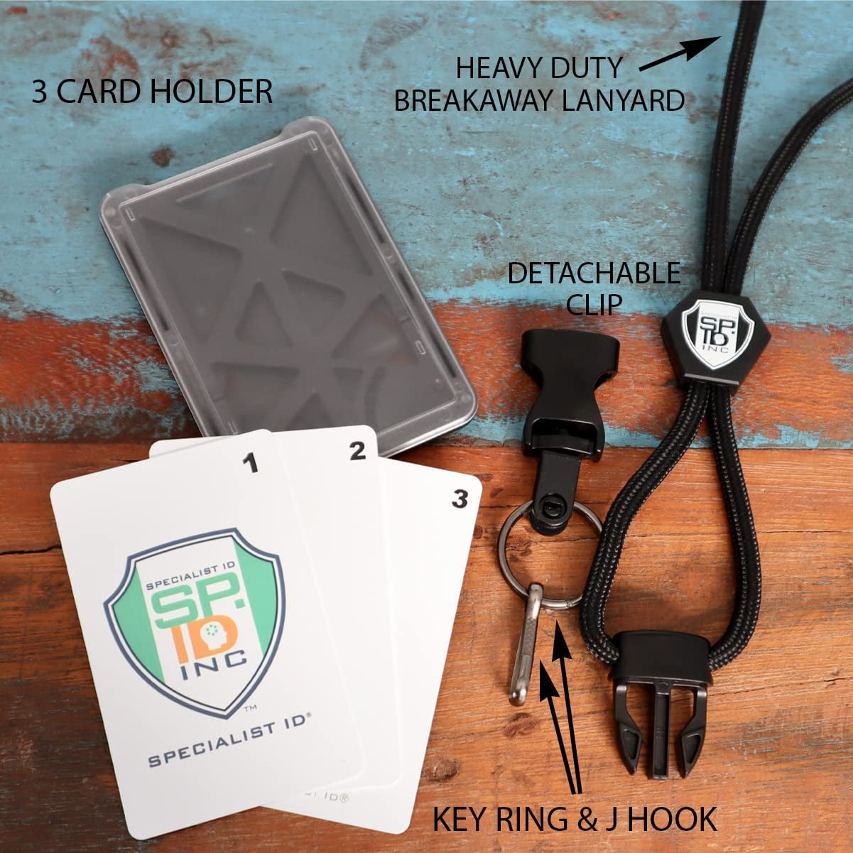 5 Pack - Specialist ID Vertical Top Load Three Card Badge Holder - Hard Plastic with Heavy Duty Breakaway Lanyard w Quick Release Metal Clip & Key Ring - Holds 3 ID Cards Inside (Black)