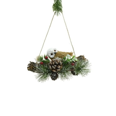 Starlight Collection, Brown Styrofoam Hanging Owl Ornament perched on Holly Bundle (Pack of 2)