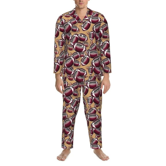 Mens Pajamas Set - Purple American Football Rugby Cute Comfy Long Sleeve Button Up Pajama Sets for Men 2 Piece, Soft Sleepwear Nightwear Pjs Lounge Sets for Men with Pockets