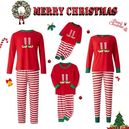 

Christmas Family Matching Pajamas Sets Elf Print Tops Striped Pants Xmas Sleepwear Holiday Loungewear Jammies Pjs Outfit