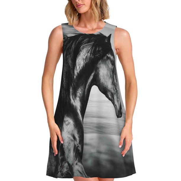 Fotbe Running Horse Vestido de Verano sin Mangas para Mujer – Vestido Midi Línea A, Estilo Camiseta Floral, Vestido Playero Casual y Fluido