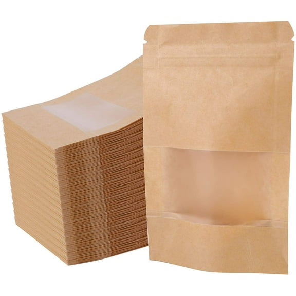 300 Count 3.5 x 5.5 Inch Kraft Paper Bags with Resealable Lock Seal Zipper &Transparent Window, Stand Up Food Bags