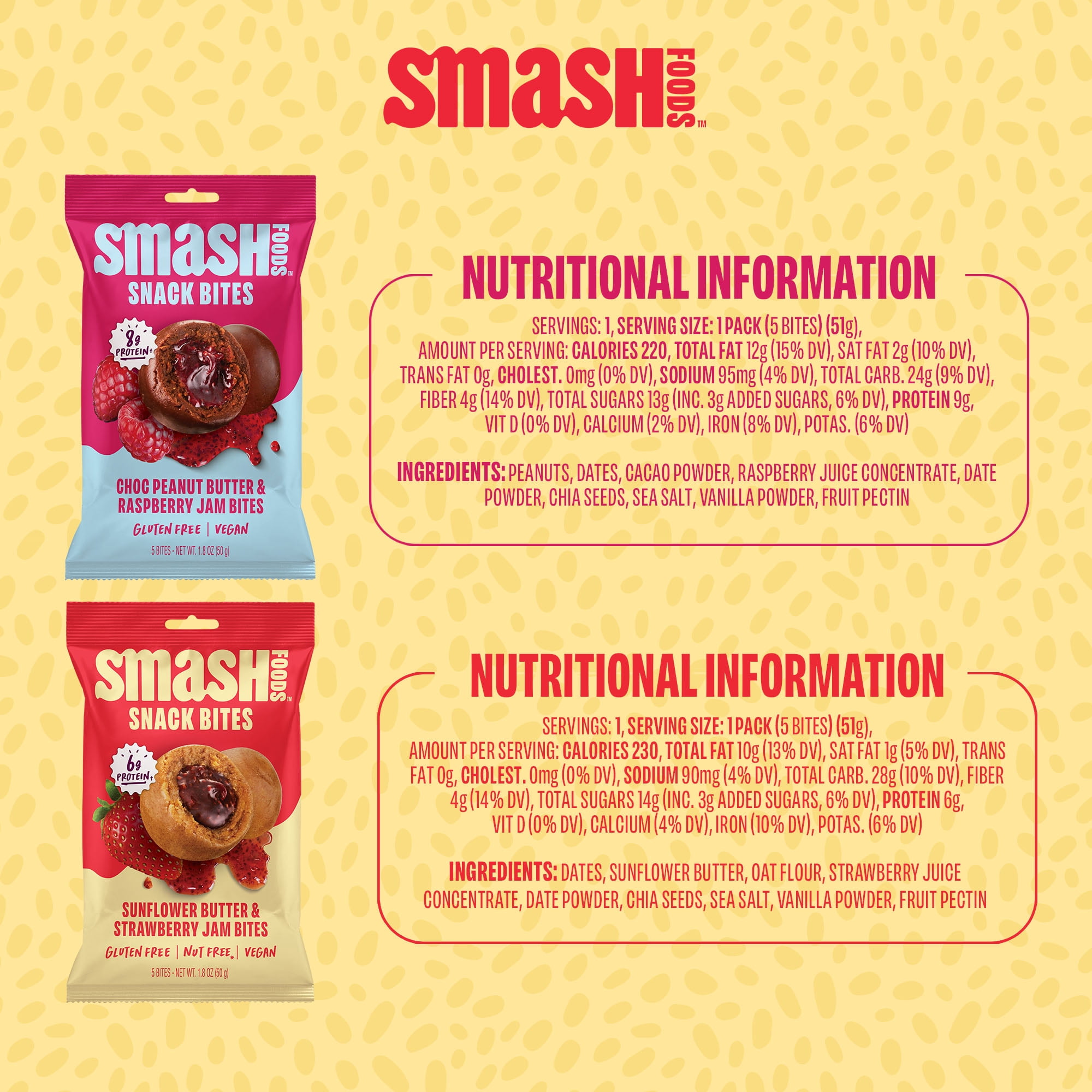 Smash Foods Gluten-Free Vegan Snack Bites (Variety), Protein & Energy, 8-Pack