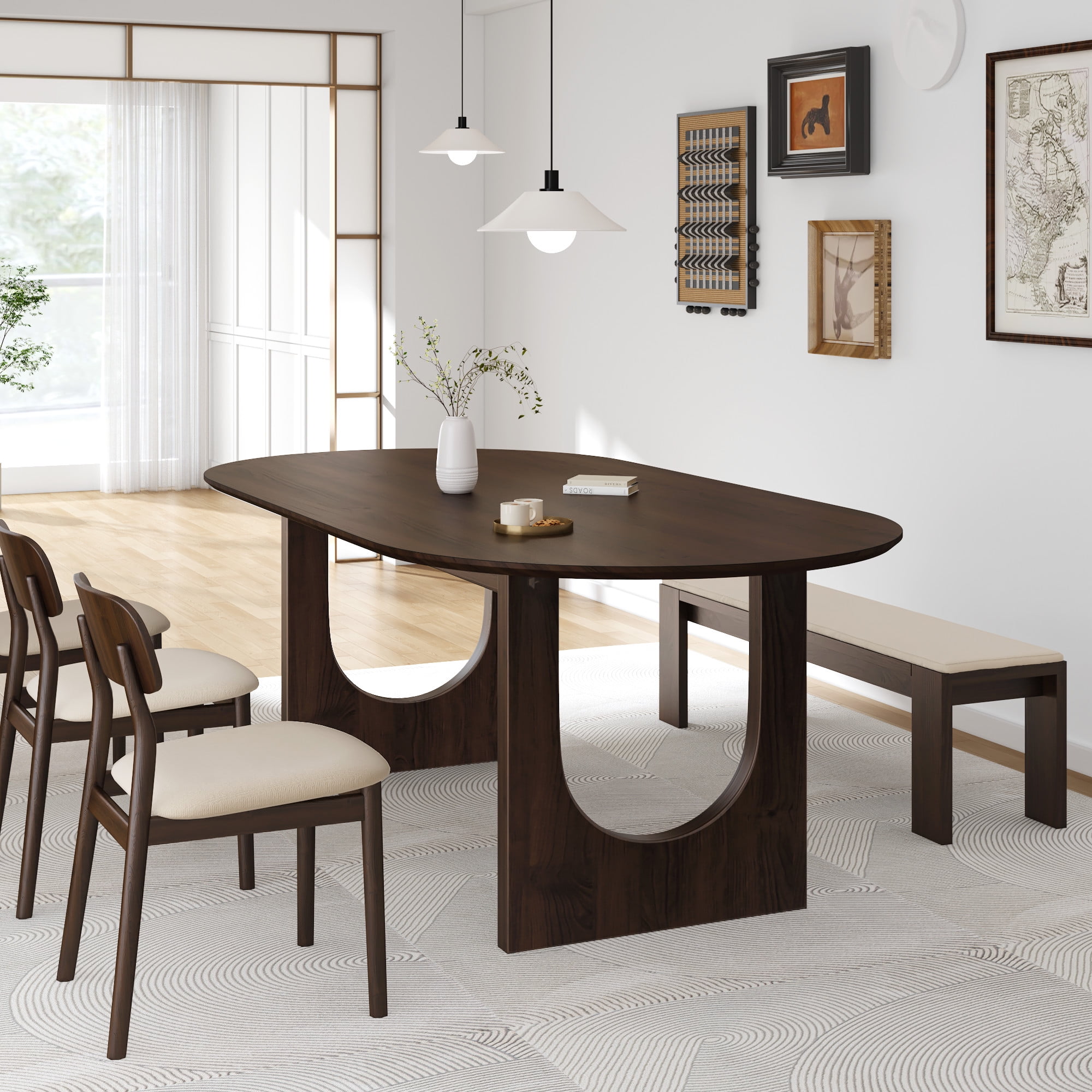 MAYEERTY 79"×40"×30" Walnut Oval Dining Table - Arch-Shaped Legs, Classic Tone for Home Decor