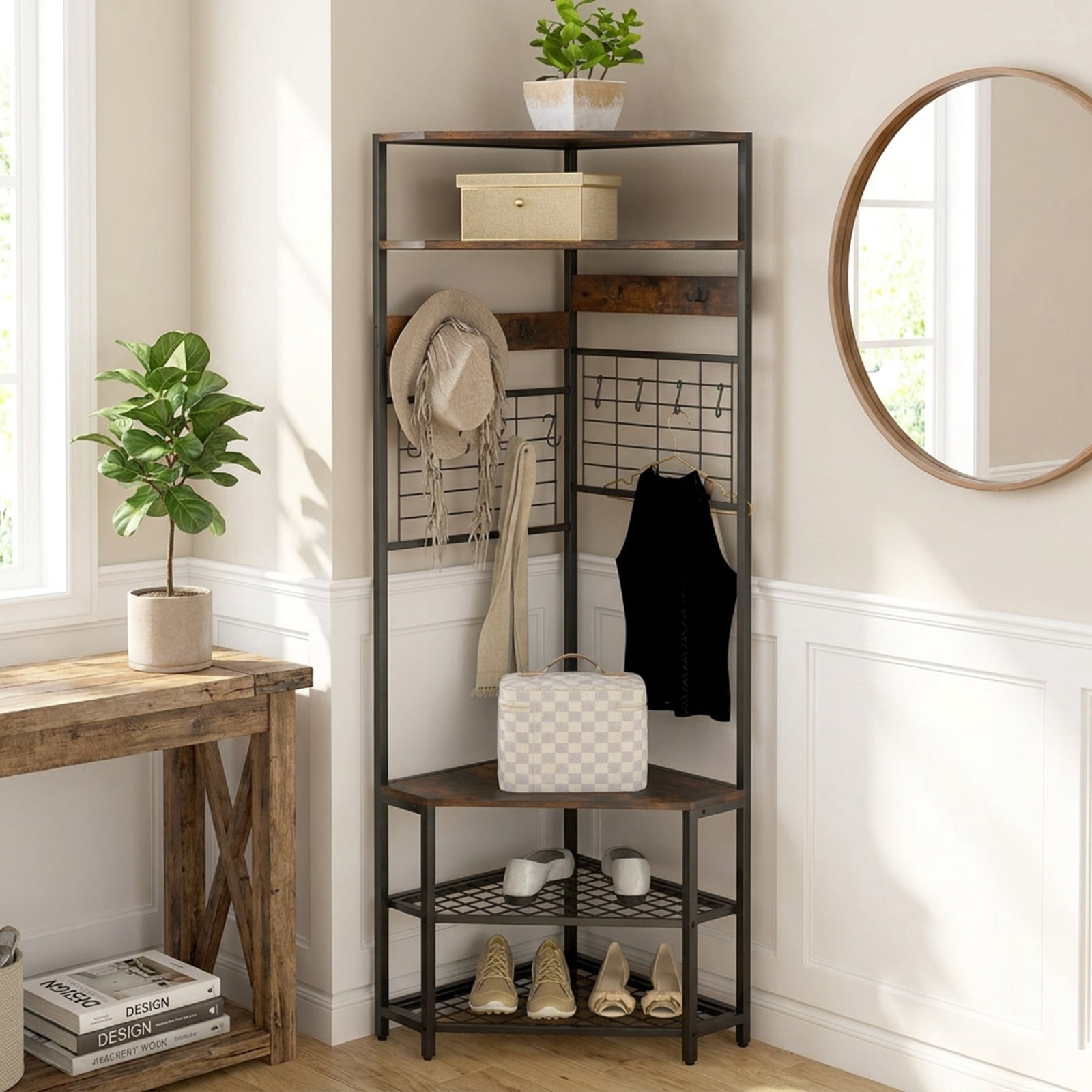 Furnibear 5 Tier Corner Hall Tree with Shoe Storage Bench and Coat Hooks for Entryway and Hallway and Bedroom, Rustic Brown