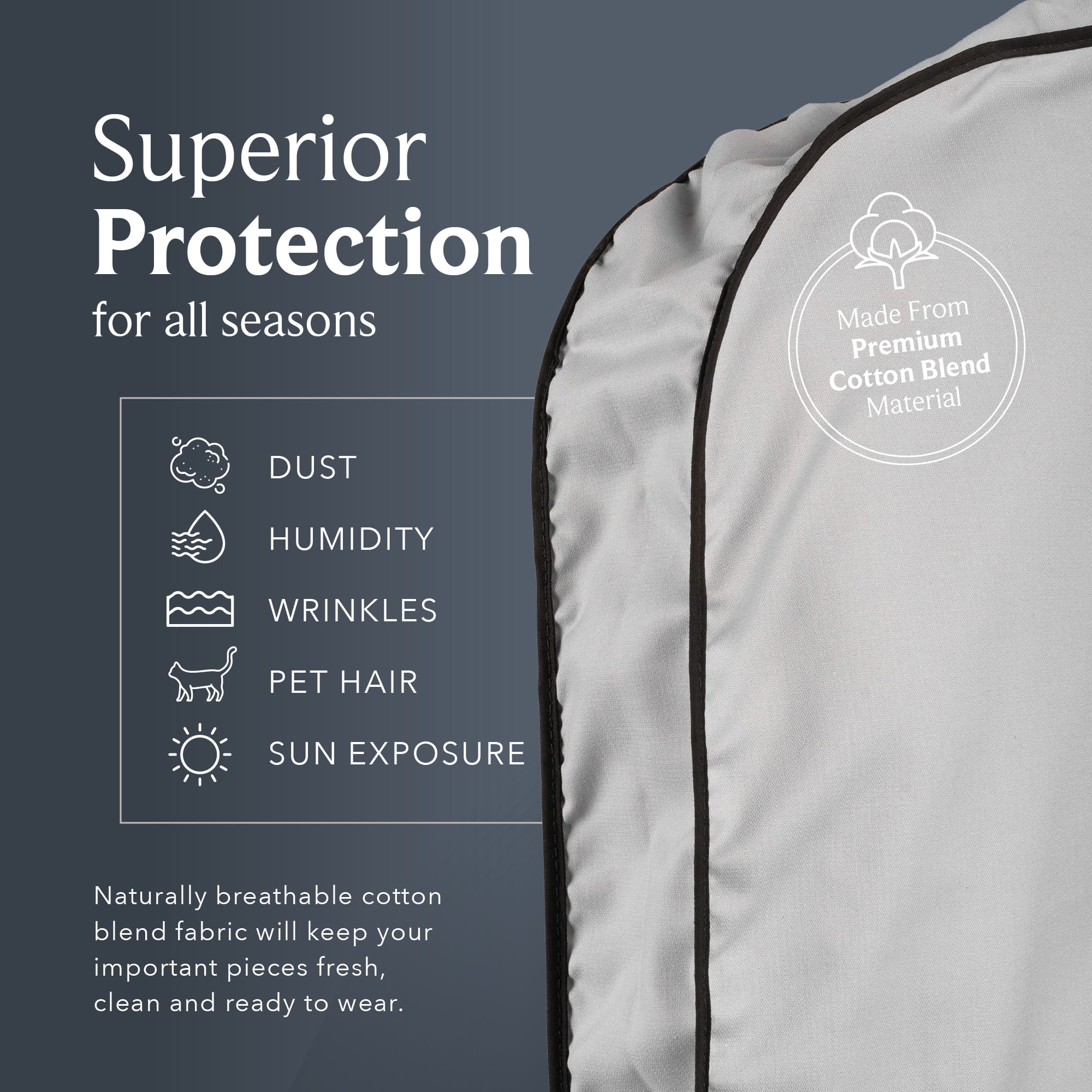 45'' Breathable Gray Cotton Poplin (Black Trim) Garment Bag - 1 Count - Basic LTD
