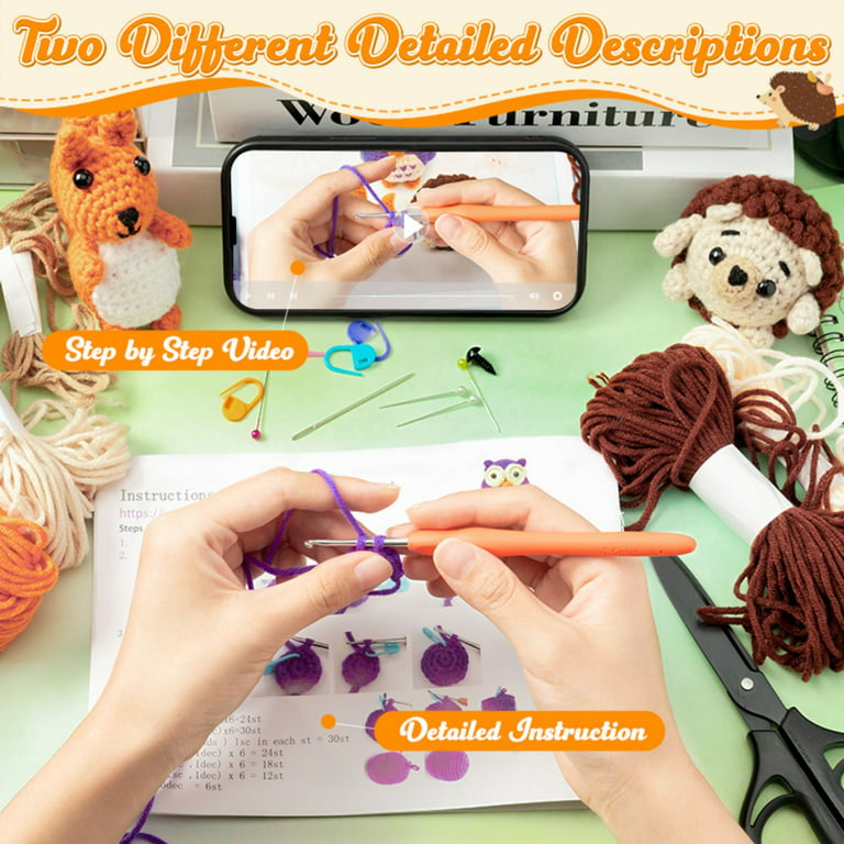 BWkoss Beginner Crochet Kit, Cute Owl Hedgehog Squirrel Crochet Starter Kit  for Adults Kids DIY Craft Complete Material Pack with Step-by-Step