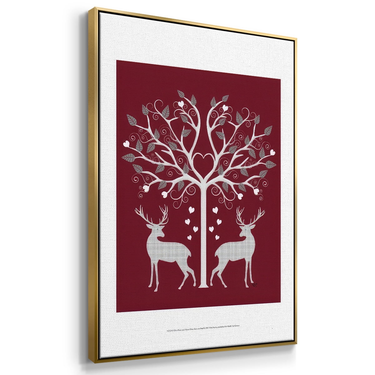 Christmas Des - Deer and Heart Tree, Grey on Red - Framed Gallery Wrapped Holiday Canvas - 17 x 25 - Gold Frame