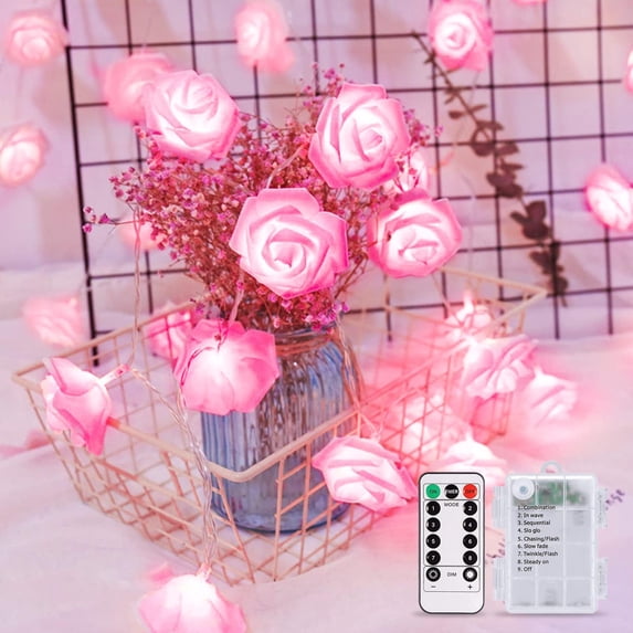 JMEXSUSS Pink Rose Lights, 16.4ft 30 LED Battery Operated Flower String Lights for Mothers Day Gift, 8 Modes Pink Fairy Lights with Remote for Bedroom Wedding Decorations