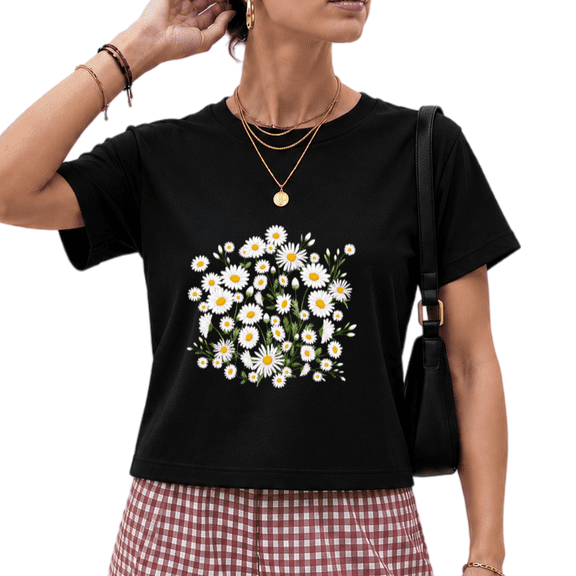 Giffimy Women's Black Watercolor Full Frame Daisy Wildflower Field Graphic Short Sleeve Crop T-Shirt Crewneck XS-XL Top