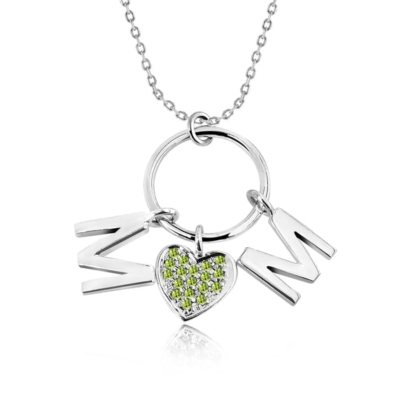 JeenMata Circle Pendant with MOM Charms Pendant Necklace - August Peridot Birthstone - Light Green Stone Embellished in 18K White Gold for Women