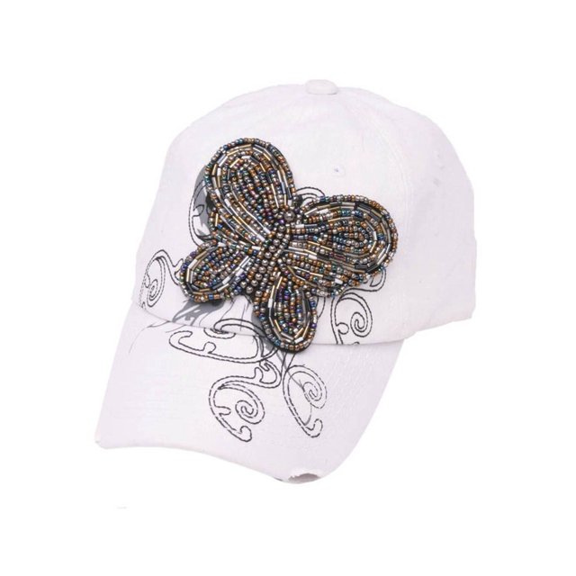 Womens Beaded Butterfly Adjustable Baseball Cap - White