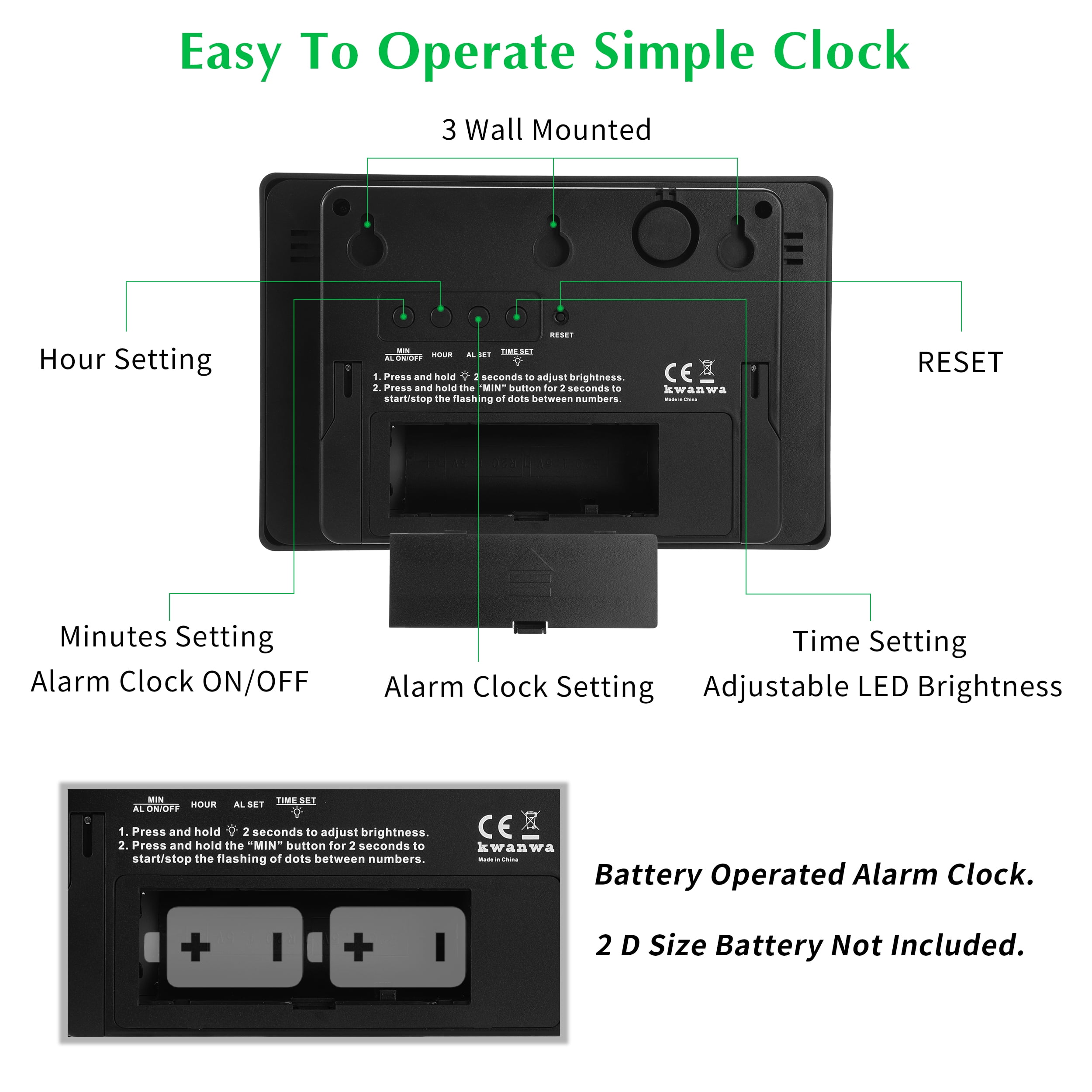 Kwanwa 8" Digital Wall Clock, Alarm Clock Battery Operated, Auto Dimmer Mode, Tabletop, Bedroom, Living Room, Office