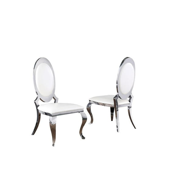 Classy Round Back White Faux Leather Side Chairs with Silver Legs (Set of 2)