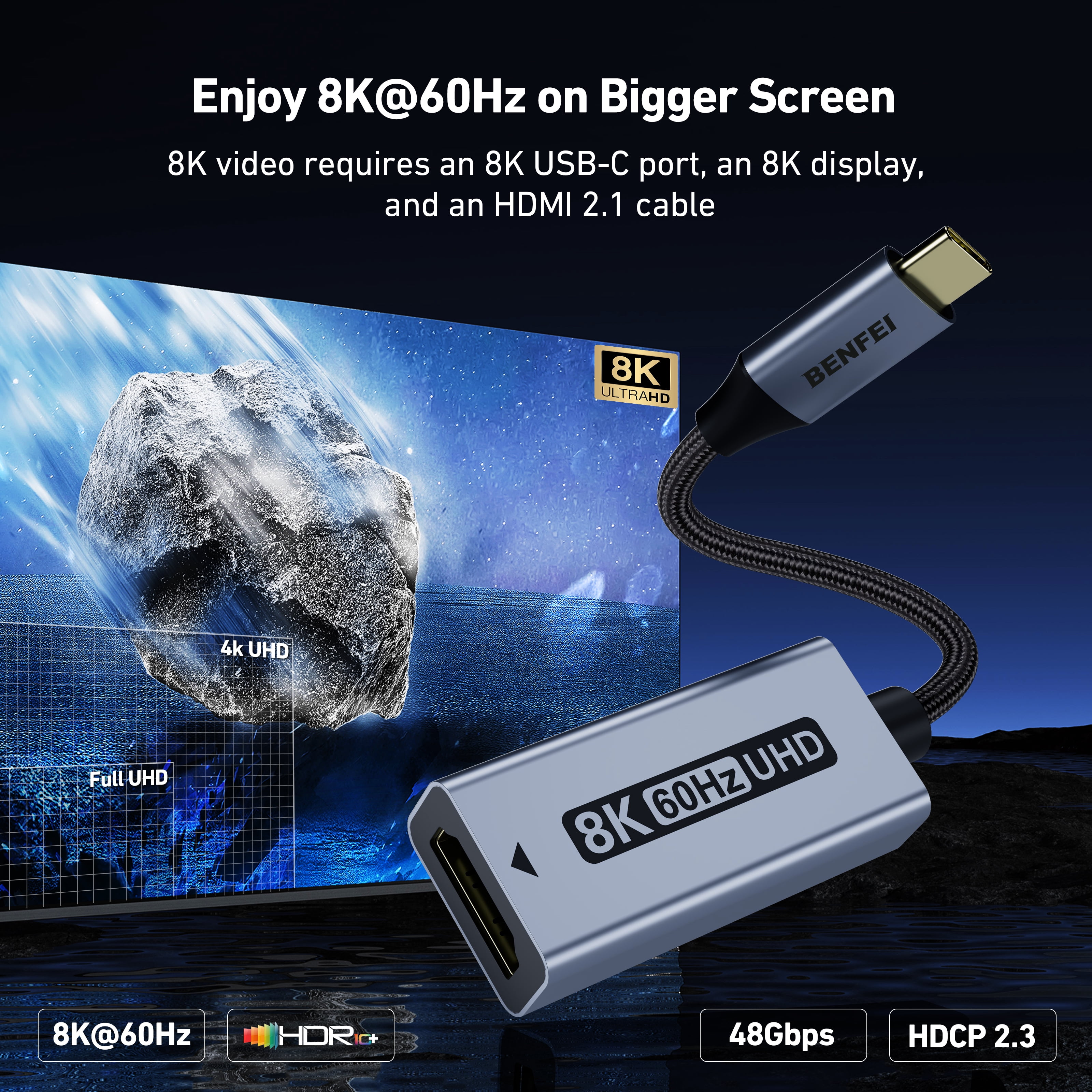 BENFEI USB C to HDMI 2.1 Adapter (8K@60Hz, 4K@240Hz, Aluminum Shell, Nylon Braided)