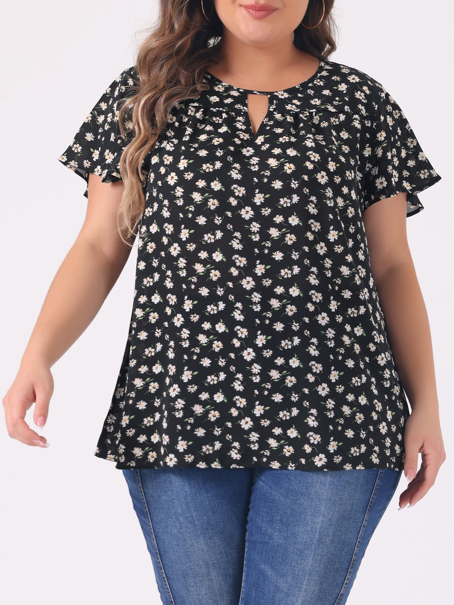 DARING DIVA Women's Plus Ruffle Short Sleeve Keyhole Chiffon Blouse L Black Pink