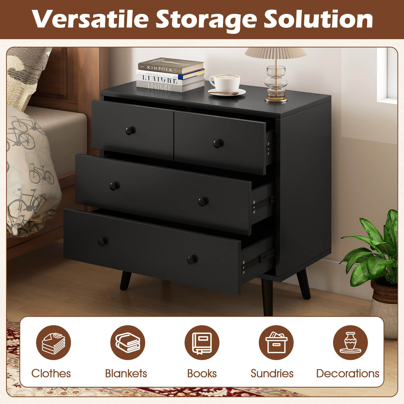 Costway 4 Drawer Dresser for Bedroom Wide Chest of Drawers with Metal Guide Rails Black