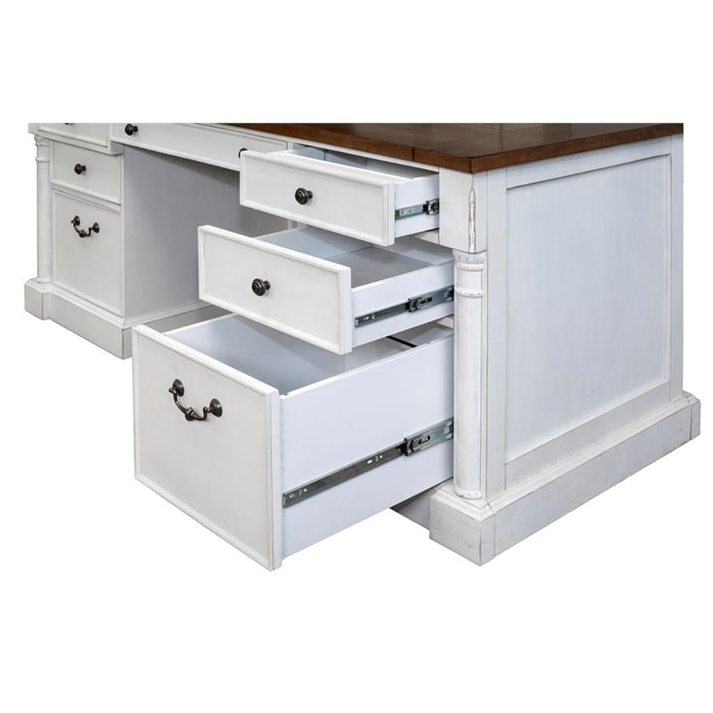 Pemberly Row Rustic Wood Double Pedestal Executive Desk w/ Power Center in White