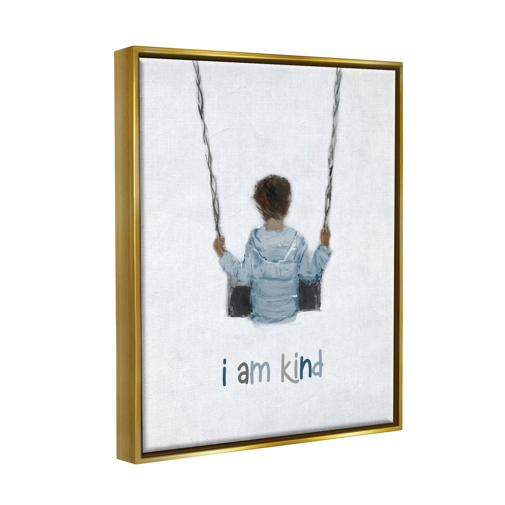 Stupell Industries I am Kind Motivational Child Playing on Swing Graphic Art Metallic Gold Floating Framed Canvas Print Wall Art, Design by Sally Swatland