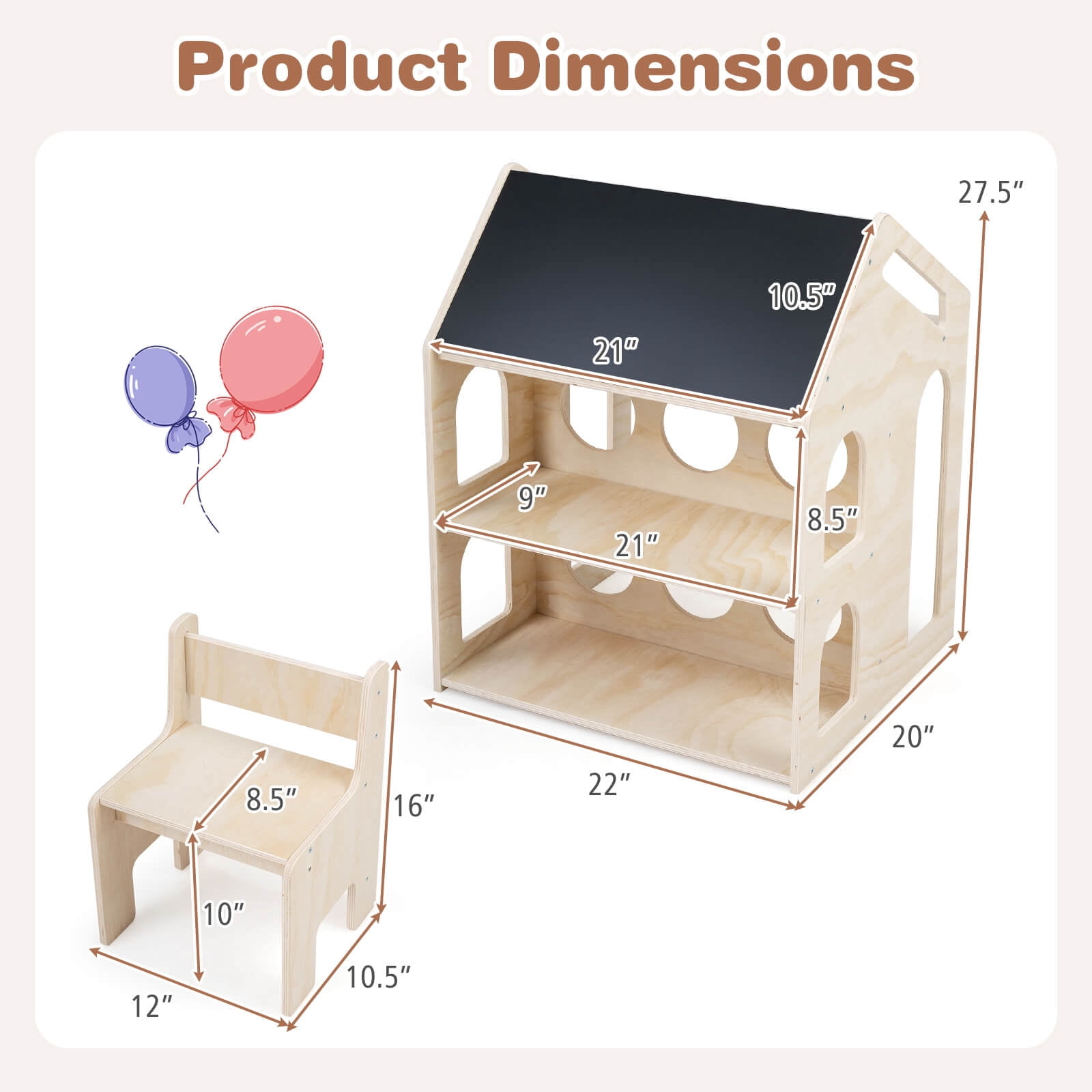 Costway House-shaped Kids Table & Chair Set with Top Chalkboard, 2 Open Storage Shelves Natural + Black