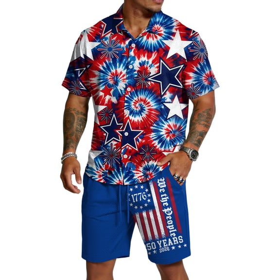 Youpwaven Men's 250th Anniversary Patriotic Outfit Set, Commemorative Short Sleeve Button Down Shirt & Mesh Shorts, 2-Piece USA Flag Celebratory Suit