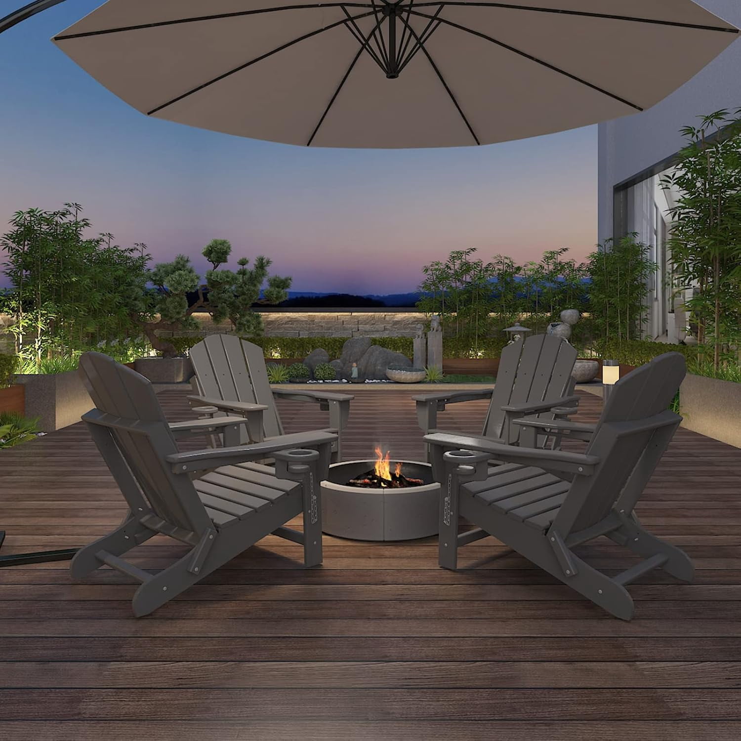 Erinnyees 3-Level Adjustable Adirondack Chair with Retractable Ottoman, HDPE All-Weather Folding Fire Pit Chair with 2 Cup Holders, Outdoor Chair for Deck Patio Garden Backyard Lawn