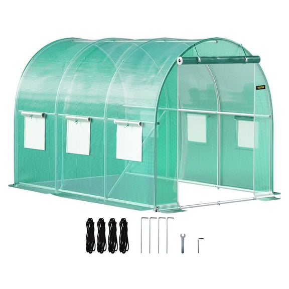 Walk-in Tunnel Greenhouse, 9.8 x 6.6 x 6.6 ft Portable Plant Hot House w/ Galvanized Steel Hoops, 1 Top Beam, Diagonal Poles, Zippered Door & 6 Roll-up Windows, Green 10×7×7 ft