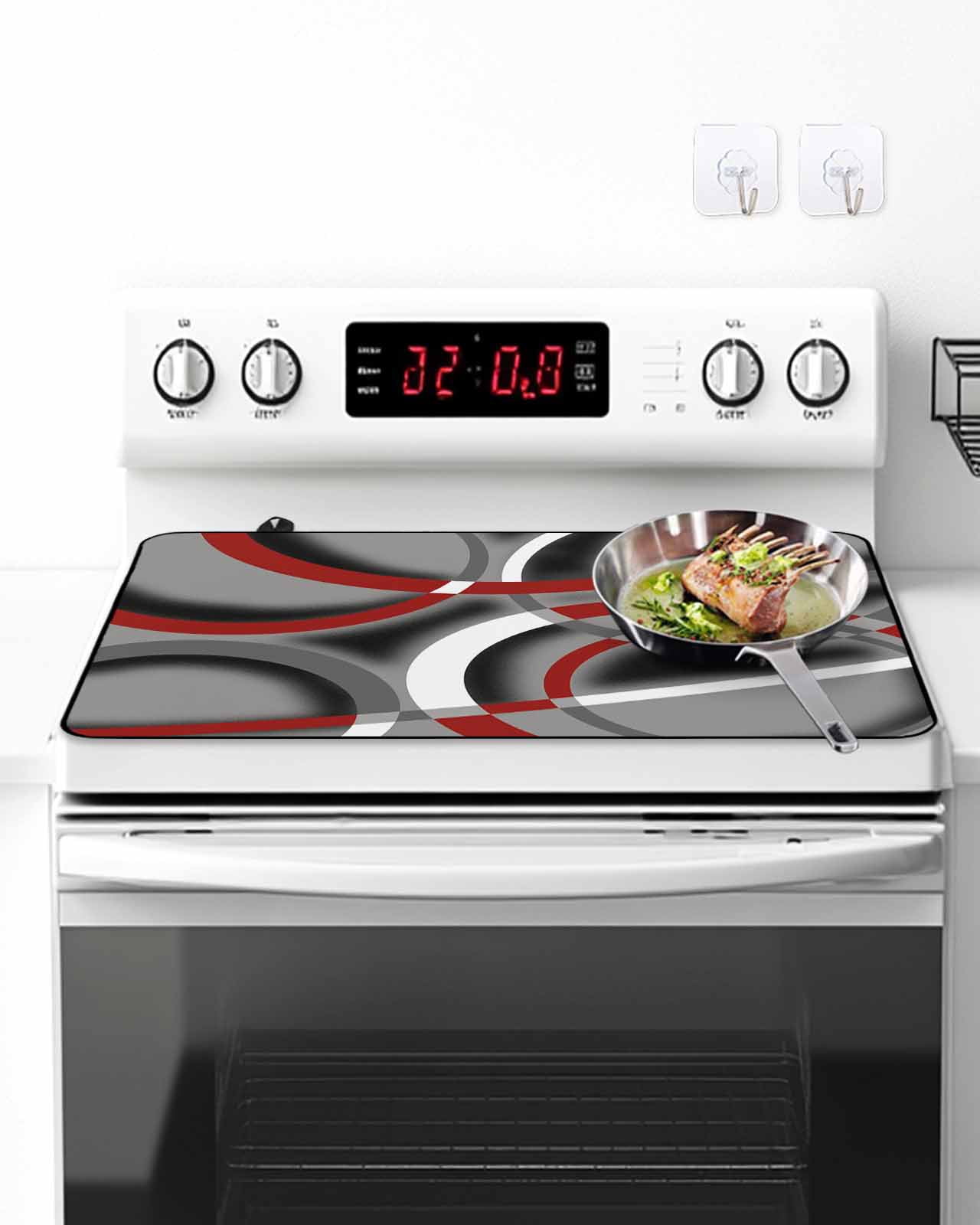 Stove Top Covers for Electric Stove, Grey Geometric Glass Stovetop Cover Protector, Modern Abstract Black White Red Striped Induction Cooktop Protector Oven Mat for Kitchen Countertop 24"x21"