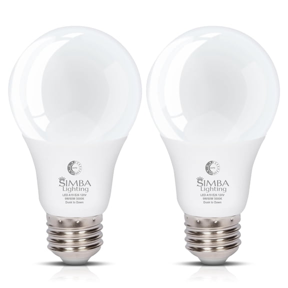 Simba Lighting LED A19 Dusk to Dawn 9W 60W Equivalent Bulbs 120V E26 Base 5000K Daylight 2-Pack