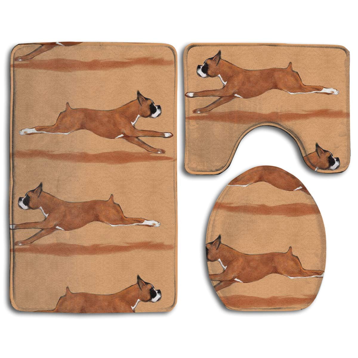 PUDMAD Running Boxer Dog 3 Piece Bathroom Rugs Set Bath Rug Contour Mat