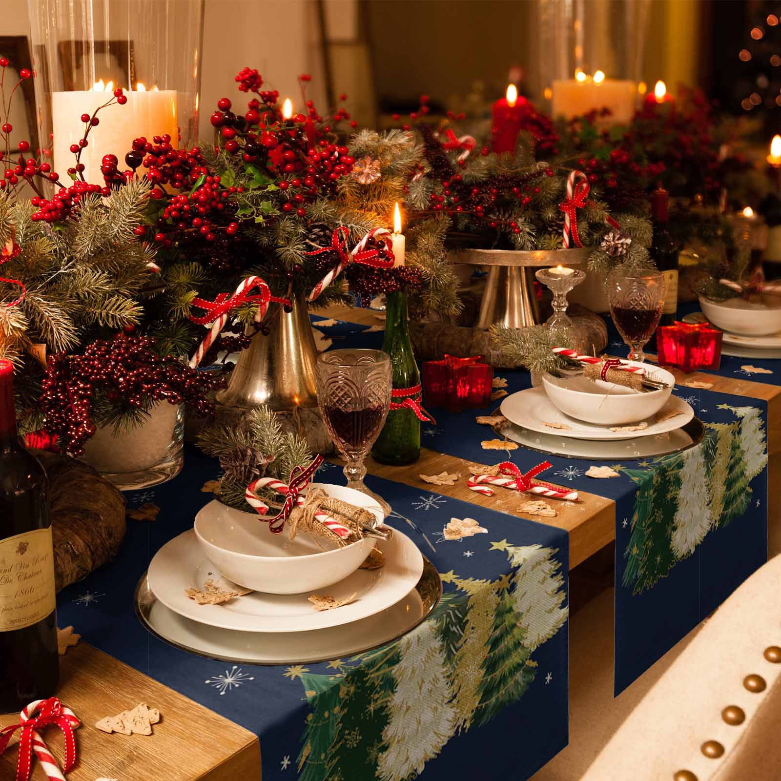 Navy Blue Christmas Dresser Scarf Farmhouse, Dining Table Decorations for Wedding/Parties, Xmas Tree Snowflake Table Runner 72 Inches Long for Kitchen Dining, 14 x 72 In