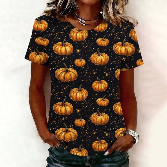 VKOYWKM Women's Halloween Pumpkin Tshirts Funny Pumpkin Graphic Tees Short Sleeve Crew Neck Loose Fit Holiday Party T Shirts