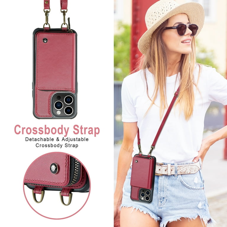 Jcxtrombulous Crossbody Wallet Case For IPhone 13 Pro Max With Lanyard Strap Card Slot Holder RFID Blocking 360°Ring Kickstand,Magnetic Flip Folio Zipper Purse Case, PU Leather Cover Handbag,Rose Gold