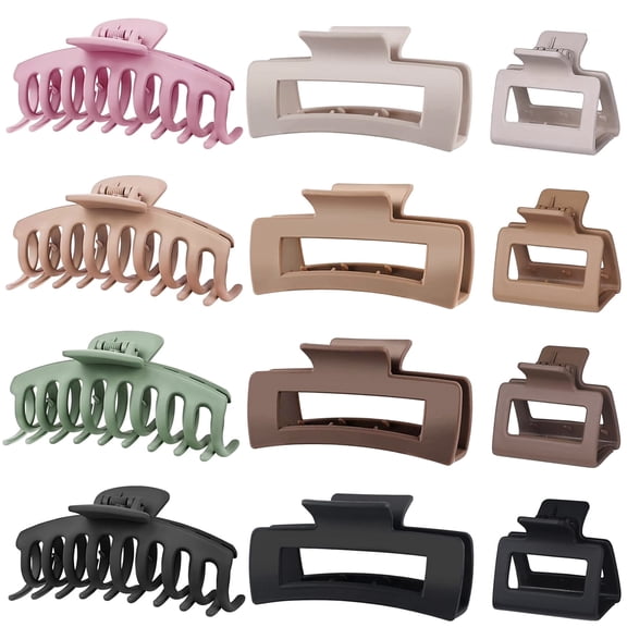 Square 12-Pack Nonslip Matte Hair Claw Clips for Women - Large & Medium Size Set (4.33” & 1.97”), Strong Hold for Thin, Thick & Curly Hair, Multicolor Claw Clips for Updo, Bun & Ponytail