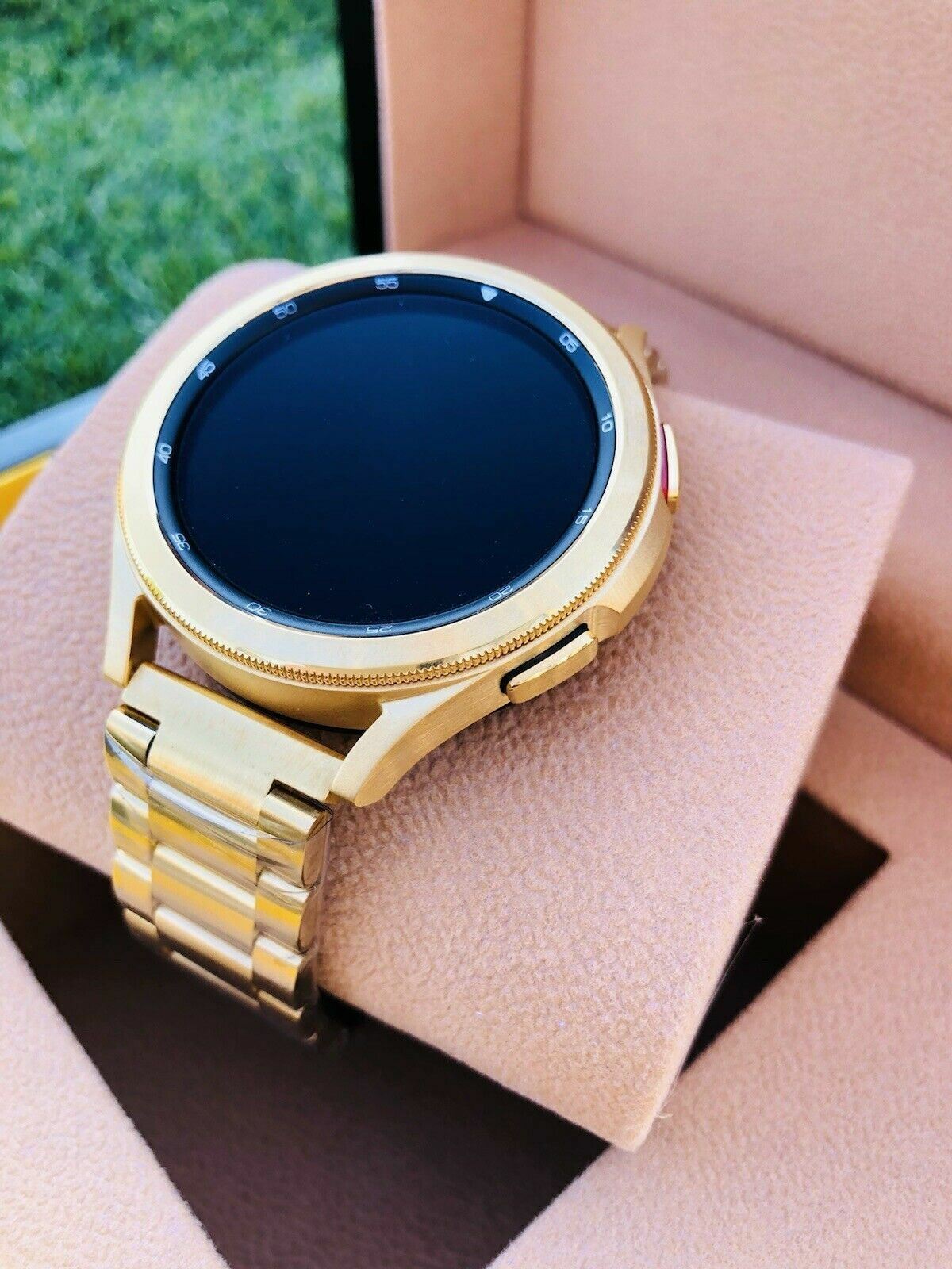 Custom 24k Gold Plated 42mm Samsung Galaxy Watch 4 POLISHED Gold Bezel Gray Band - image 3 of 11