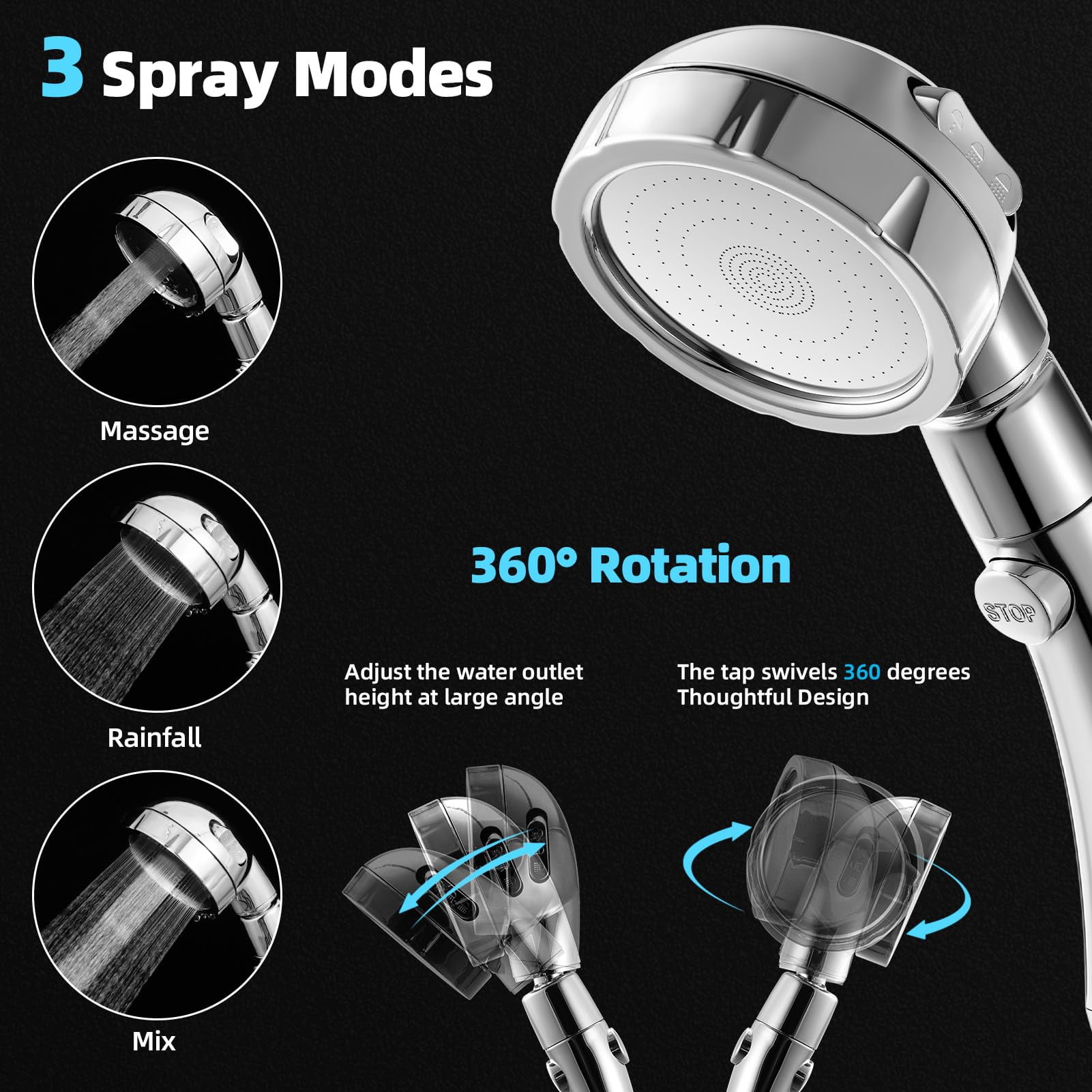 High Pressure Shower Head, 3-Settings Handheld Showerhead with ON/Off Full Shutoff Push Button and Switch to Control Flow, Angle-Adjustable Water Saving Body Sprays