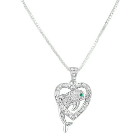 Sterling Silver Simulated Diamond Dolphin Heart Necklace 18"