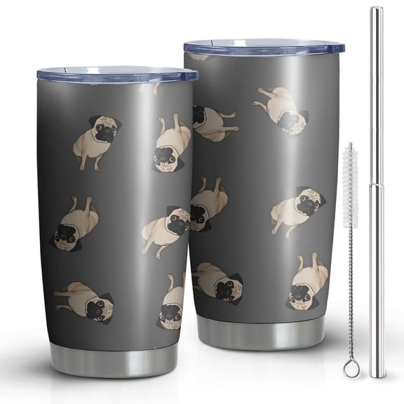 20 Oz Cute Pug Puppies Coffee Tumbler Double Wall Insulated Stainless Steel Water Bottle | Metal Reusable Thermoses Flask with Cup Cap | Leak & Sweat Proof with Anti-Dust Lid