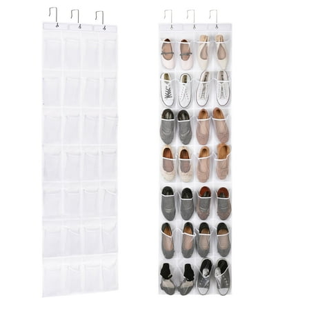 LUIISIS 28 Large Pockets Over The Door Shoe Organizer, Hanging Shoe Organizer for Closet, Premium Clear Shoe Rack for Door, Shoes Hanger Organizers Storage Holder for Back of Door and 3 Metal Hook